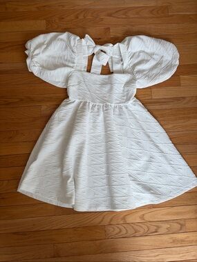 Free People White Textured Puff-Sleeve Dress